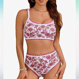Melyum L NWOT bright pink floral high cut tummy control 2-piece VIRAL bikini